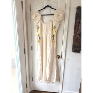FANM MON Vienna Linen Embroidered Maxi Dress Ivory Puff Sleeve Scoop Neck Large